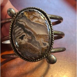 Vintage Native American Picture Jasper Cuff 925 silver signed